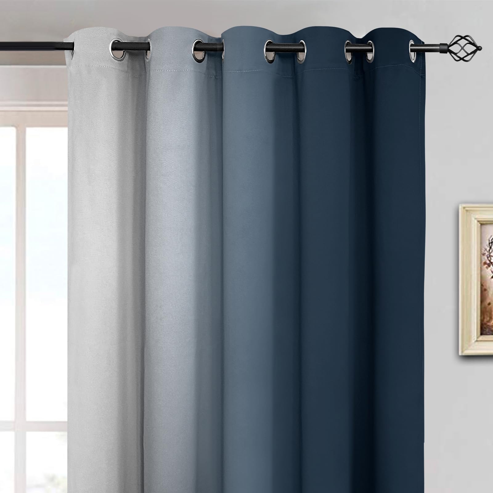 Yakamok Ombre Curtains Navy Blue and Greyish White for Living Room,70Wx84L