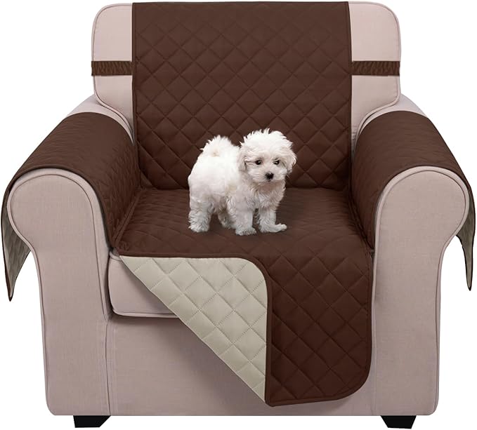U-NICE HOME Reversible Oversized Chair Covers Quilted Water Repellent Pet Protectors with Elastic Straps(28''Armchair, Brown/Beige)