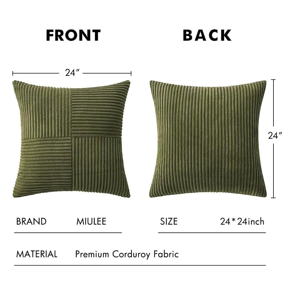 MIULEE Olive Green Decorative Euro Sham Pillow Covers 24x24 Inch for Bed Couch Sofa Spring Decor Pack of 2 Boho Farmhouse Throw Pillows Soft Cross Corduroy Patchwork Textured Cushion Cases