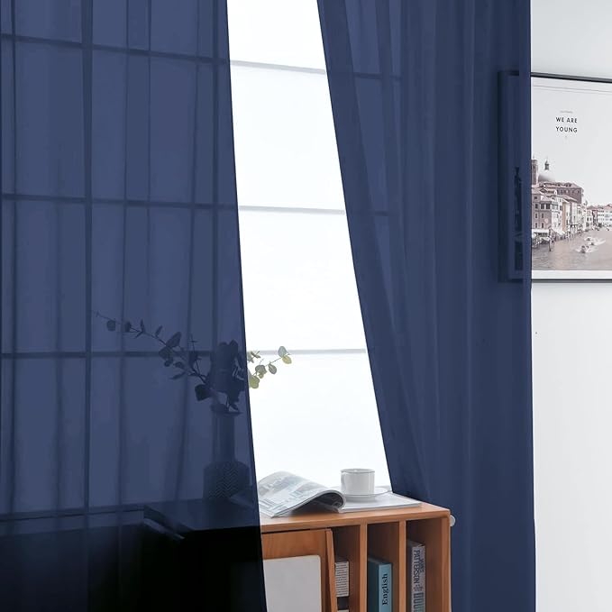 SpaceDresser Sheer Voile Window Treatment Rod Pocket Curtain Panels for Kitchen Bedroom Living Room Drapes Sunlight Filtering Privacy Semi Home Decor Assorted Colors Sizes (Navy, 52 W x 90 L)