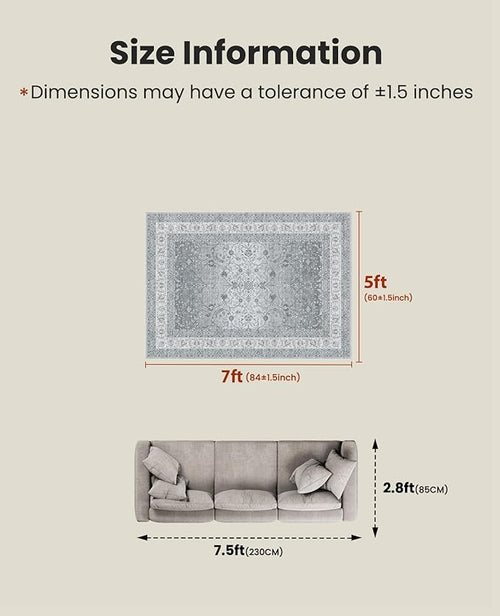 AMADA HOMEFURNISHING 5x7 Area Rugs, Washable Living Room Rug with Non-Slip Backing, Low Pile and Durable Edge Binding, Soft Vintage Floral Rugs for Living Room, Bedroom, Dining Room