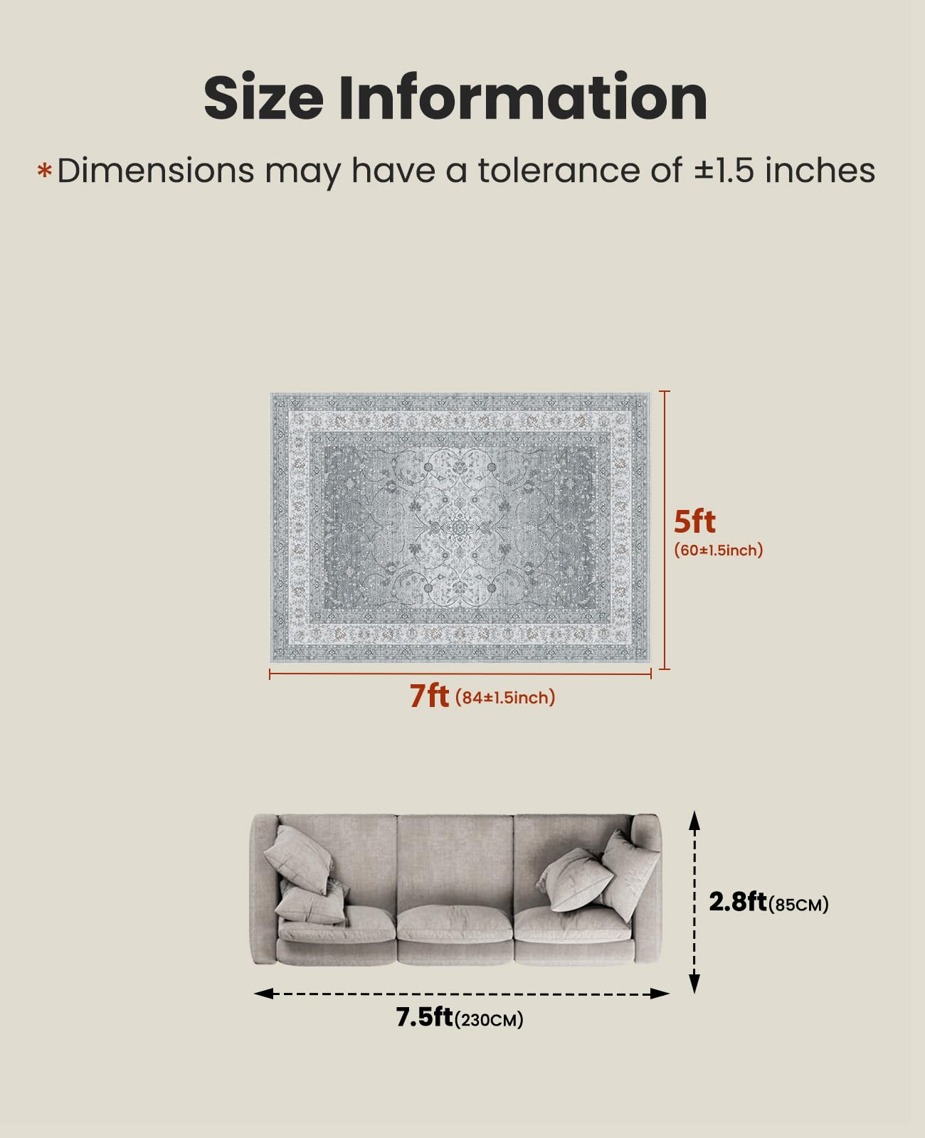 AMADA HOMEFURNISHING 5x7 Area Rugs, Washable Living Room Rug with Non-Slip Backing, Low Pile and Durable Edge Binding, Soft Vintage Floral Rugs for Living Room, Bedroom, Dining Room