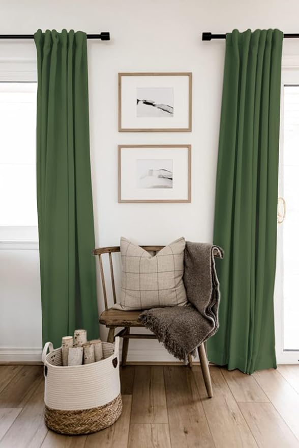 100% Blackout Shield Linen Blackout Curtains for Bedroom 96 Inches Long, Back Tab/Rod Pocket Living Room Drapes, Thermal Insulated Blackout Curtains 2 Panels Set, 50" W x 96" L, Moss Green