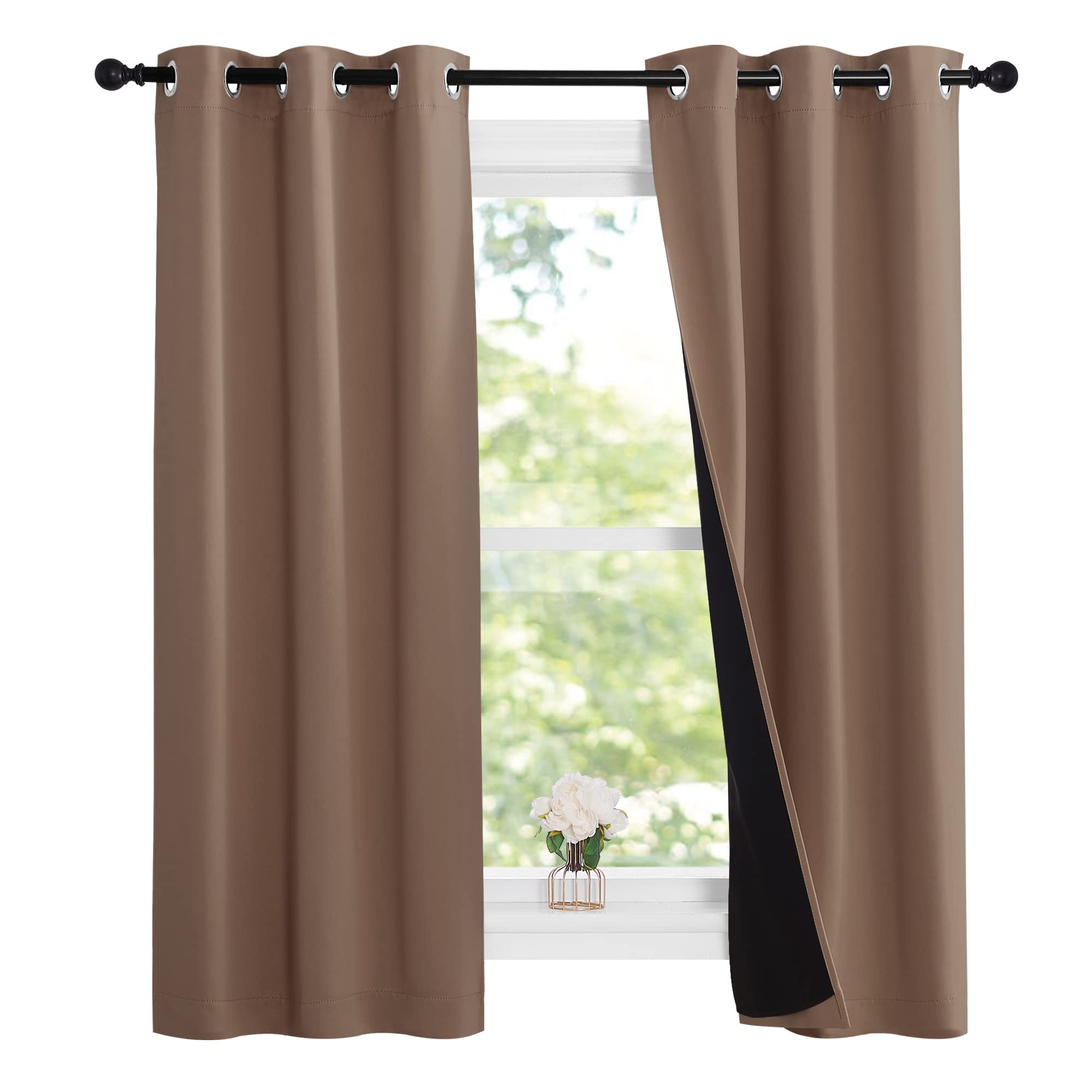 NICETOWN Cappucciono Kitchen Full Blackout Short Curtain Panels, Super Thick Insulated Window Covers, Keeping Out Cold Air and Heat 100% Blackout Blinds with Black Liner (Set of 2, 37 by 63-inch)