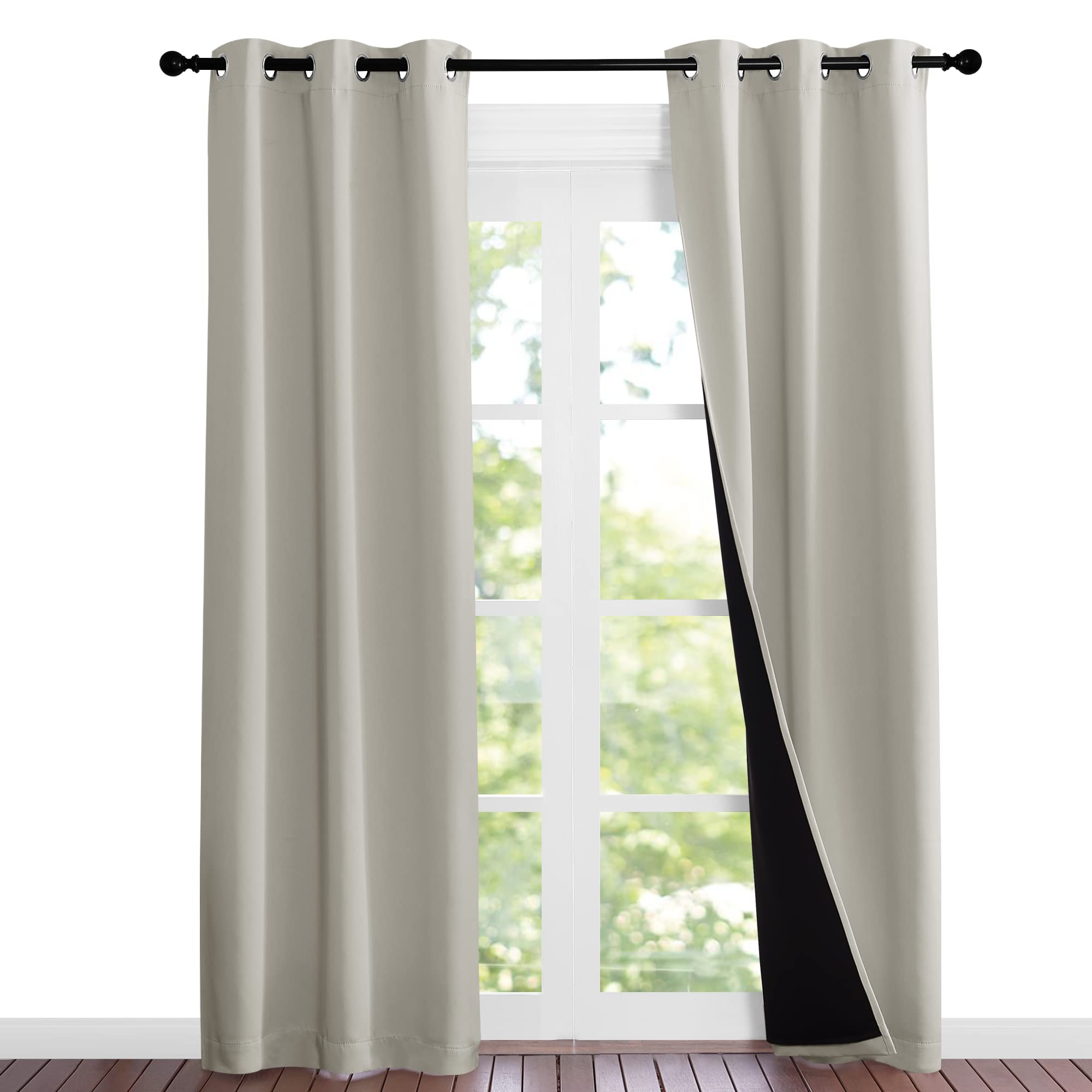NICETOWN Natural Blackout Curtains 80 inches Long, 2 Pieces, 37" Wide Each Panel, Full Light Blocking Drapes with Black Liner for Nursery, Noise Reducing Thermal Insulated Draperies for Doorway