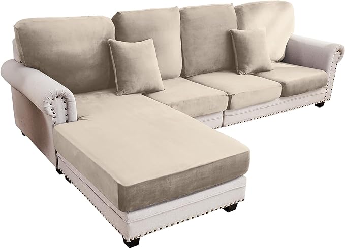 Taque Couch Cover 4-Piece Elastic Velvet Couch Cushion Covers & Chaise Slipcovers for L-Shaped Sofas - Sofa Seat Covers Washable, Soft Protector for Couches (3 Seater + Chaise, Taupe)