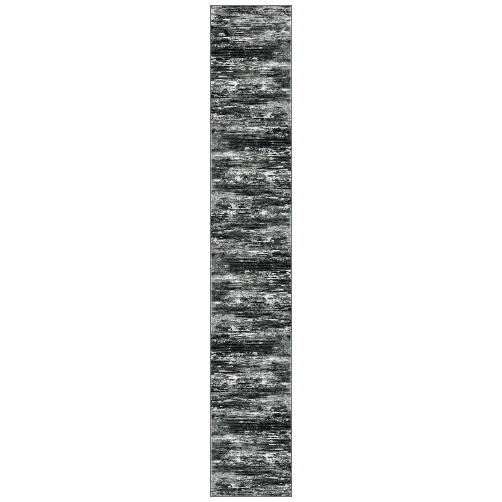KOZYFLY Modern Abstract Washable Rug Runner 2.6x16 Hallway Rug Runner Non-Slip Soft Kitchen Runner Rugs, Black Grey Striped Carpet for Stair Entryway Bathroom Laundry Room Foyer