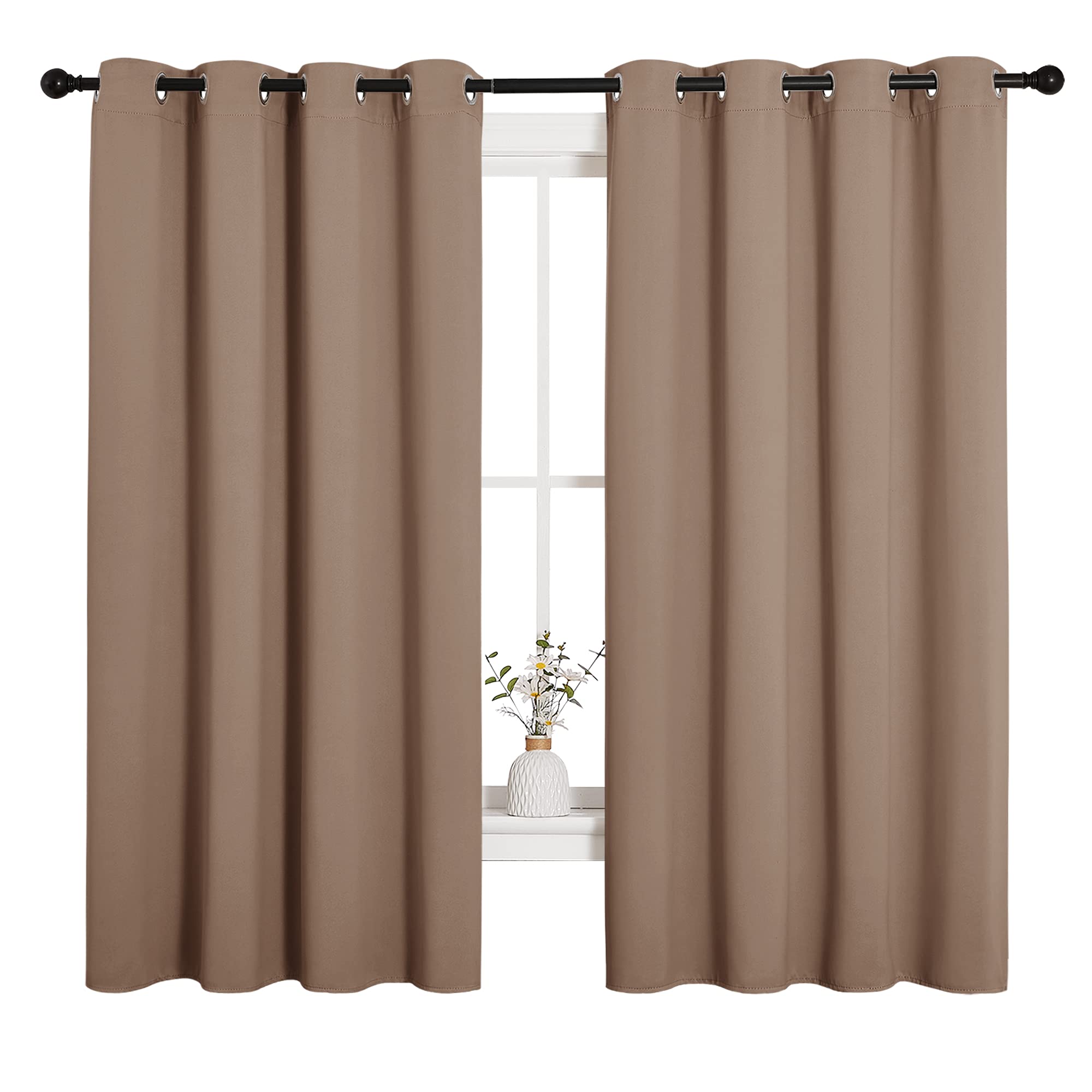 NICETOWN Blackout Window Curtains and Drapes for Kitchen, Window Treatment Thermal Insulated Solid Grommet Blackout Drapery Panels (Set of 2, 55 by 68 inches, Cappuccino)