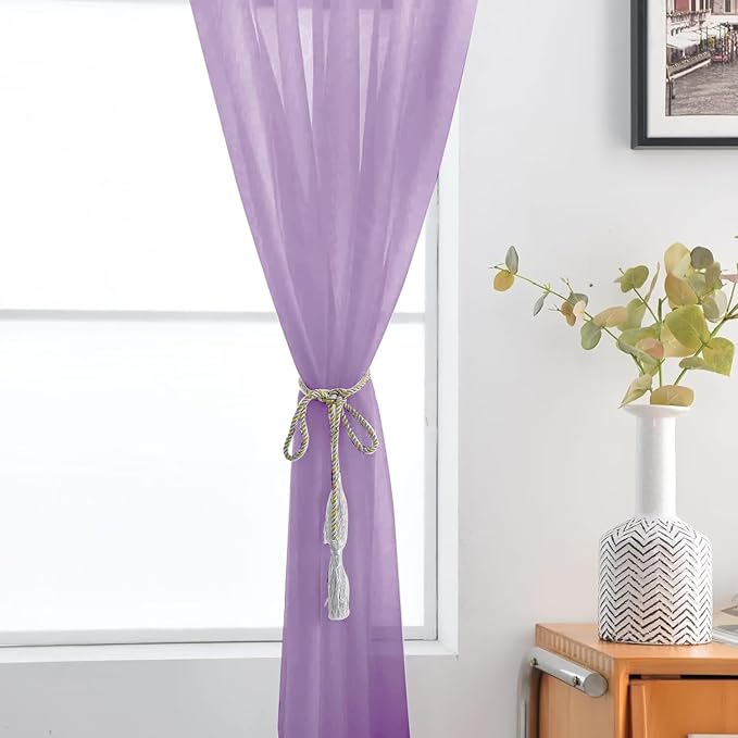 SpaceDresser Sheer Voile Window Treatment Rod Pocket Curtain Panels for Kitchen Bedroom Living Room Drapes Sunlight Filtering Privacy Semi Home Decor Assorted (Lavender, 52 W x 108 L)