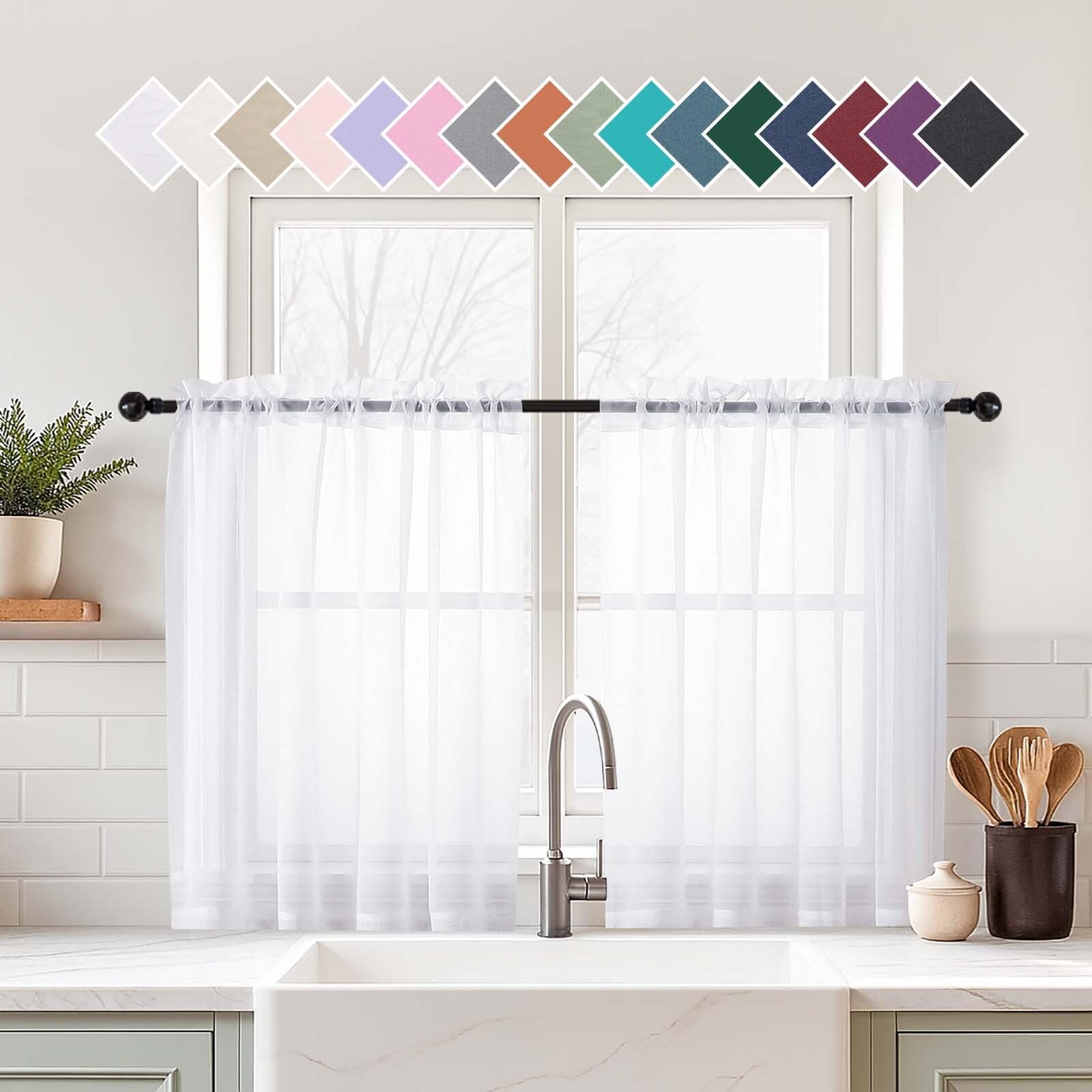 Ebesto White Small Sheer Curtains 2 Panels Set, Kitchen Curtains 24 Inch Length, Elegant Light Filtering Short Window Drapes for Living Room Bedroom, Dual Rod Pocket Design, 2x42Wx24L Inches