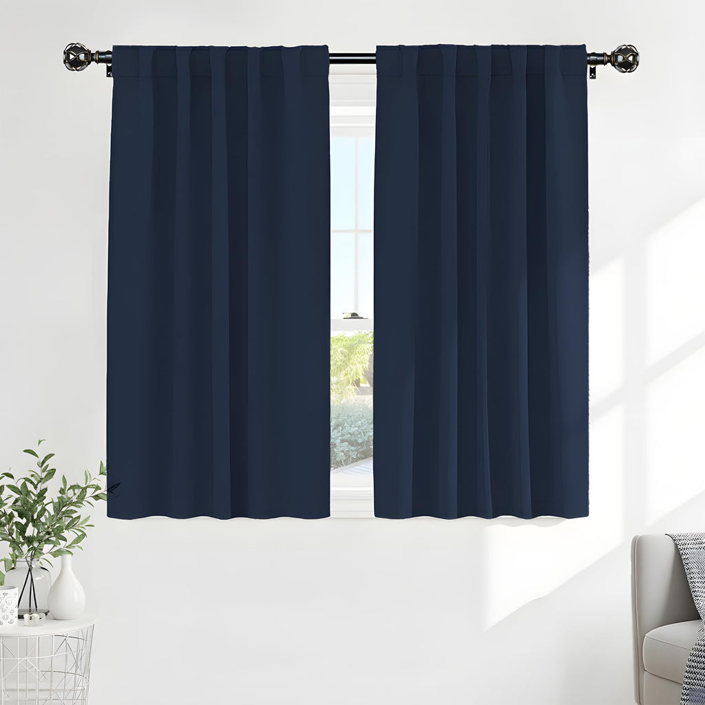 PONY DANCE Blackout Window Curtains - Double Panels Back Tab & Rod Pocket Thermal Insulated Short Drapes for Kitchen Bedroom, 52 Wide x 45 Long Per Panel, Navy Blue, 2 Pieces