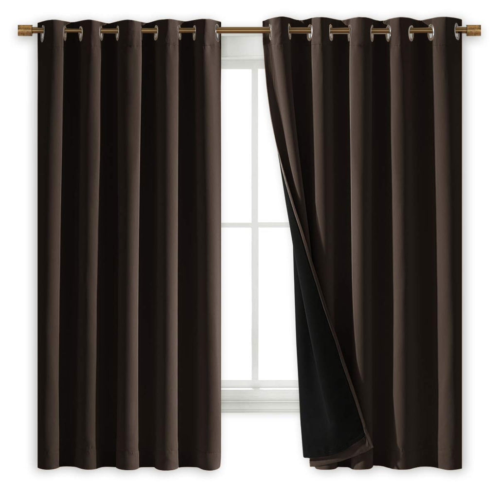 NICETOWN Complete 100% Blackout Curtains, Thermal Insulated & Energy Efficiency Window Draperies with Black Liner, Noise Reducing Short Curtains for Kids Room (Brown, 70-inch W by 63-inch L, 2 Panels)