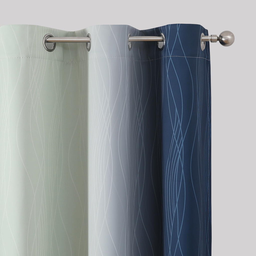 Sage Green and Navy Blue Ombre Blackout Curtains for Bedroom 54 Inches Long