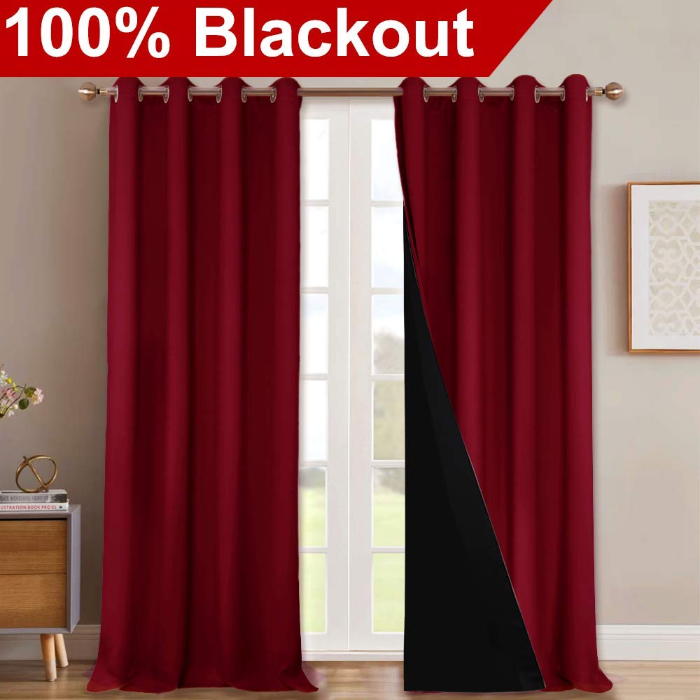 NICETOWN Cold Blocking Curtains, Truly Blackout Drapes, Heavy-Duty Full Light Shading Curtain Set with Black Liner Backing for Villa/Hall/Dorm（Burgundy Red, Set of 2, 52 inches Wide x 95 inches Long