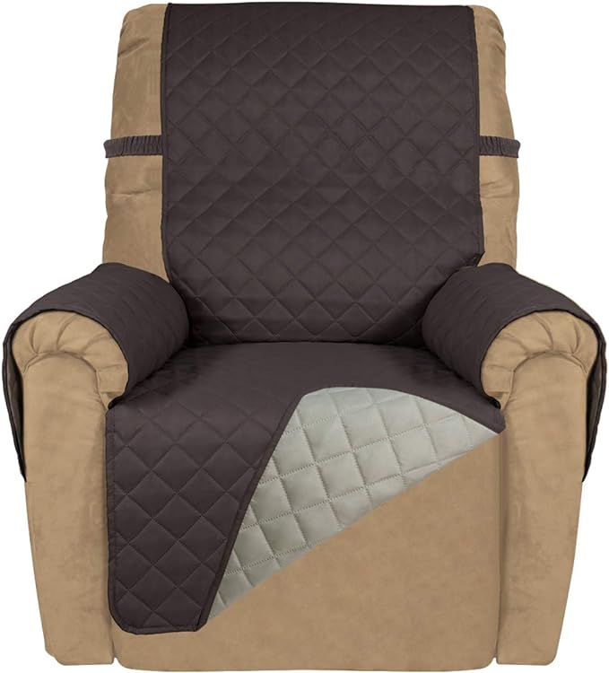 PureFit Reversible Quilted Sofa Cover, Water Resistant Slipcover Furniture Protector, Washable Couch Cover with Non Slip and Elastic Straps for Kids, Dogs, Pets (Small Recliner, Chocolate/Beige)