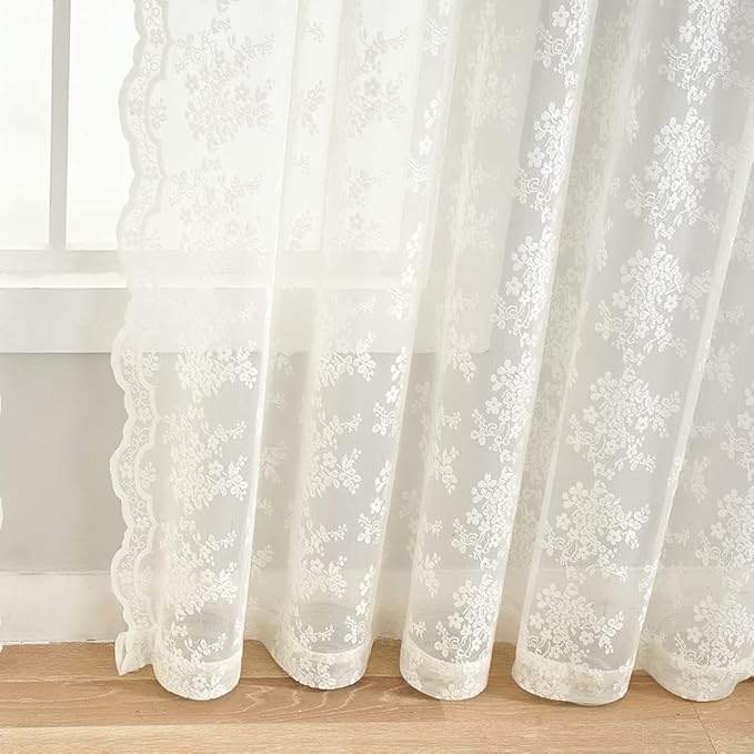 YJ YANJUN Vintage Lace Curtains Ivory Floral 105 inch Curtains 2 Panels for Living Room Rod Pocket Floor to Ceiling Drapes for Patio Sliding Glass Door Custom Scalloped Edges 52" W x 105" L Cream