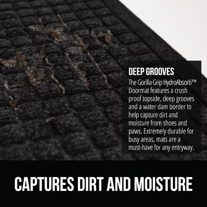GORILLA GRIP® Ultra Absorbent Front Door Mat Outside Entrance, 47x35, Traps Dirt and Moisture, HydroABSORB Indoor Outdoor Doormat Holds Up to 6 Cups Water, Stain and Fade Resistant Welcome Mat, Black