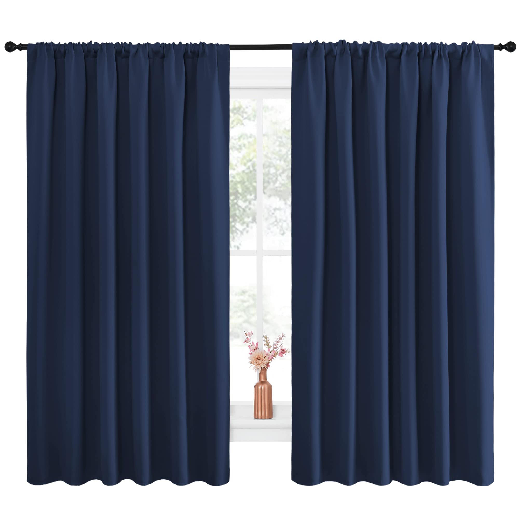 NICETOWN Blackout Curtains for Bedroom, Blackout Draperies, Home Decorations Thermal Insulated Solid Rod Pocket Blackout Drapes for Cafe (Navy, One Pair, 70 x 63-inch)