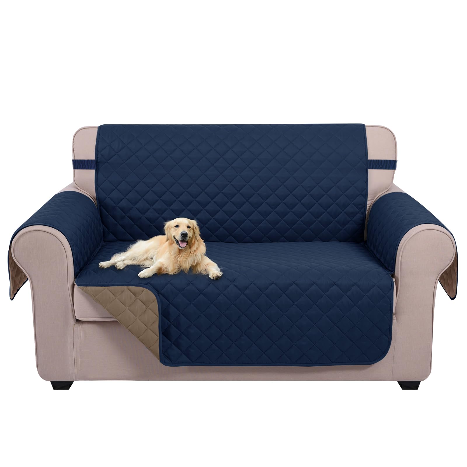 U-NICE HOME Loveseat Sofa Cover for 2 Cushion Couch, Navy/Taupe