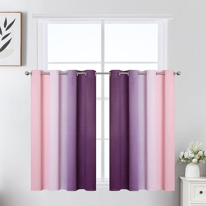 Pink and Purple Ombre Blackout Curtains for Girls Bedroom 36 Inches Long