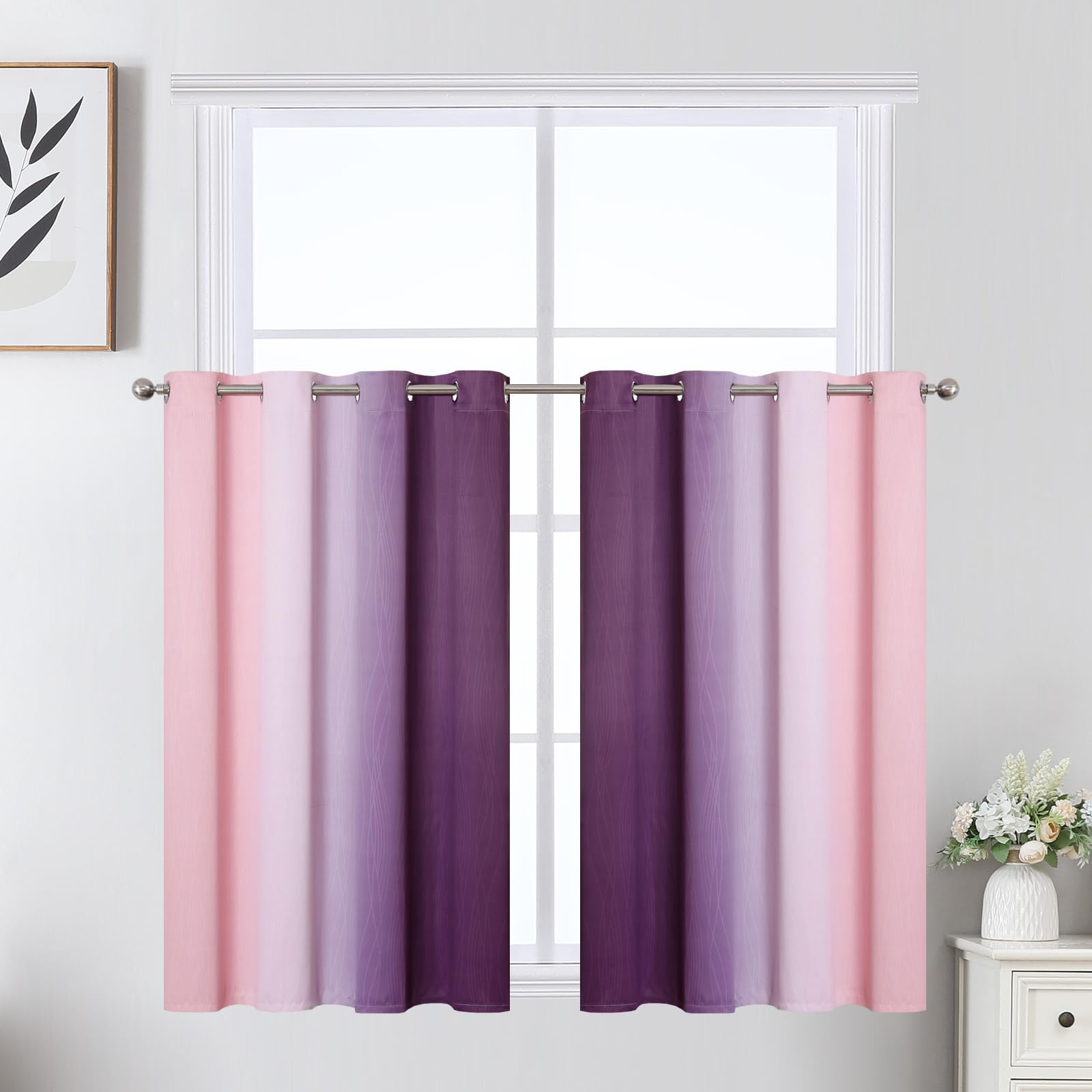 Pink and Purple Ombre Blackout Curtains for Girls Bedroom 36 Inches Long