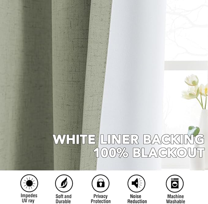 H.VERSAILTEX Linen Curtains 100% Blackout Curtains for Bedroom 102 inch Long Full Light Blocking Nature Linen Blended Window Curtains for Living Room Nickel Grommet (2 Panels, Heathered Tea)