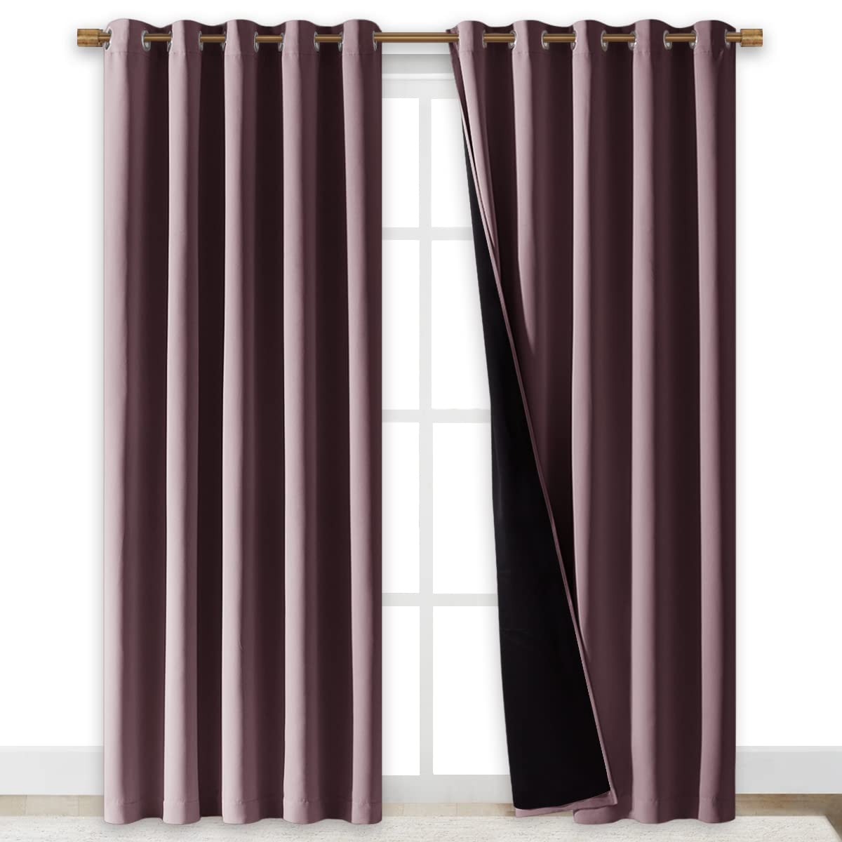 NICETOWN 100% Blackout Window Curtain Panels, Cold and Full Light Blocking Drapes with Black Liner for Nursery, 84 inches Drop Thermal Insulated Draperies (Dry Rose, 2 PCs, 70 inches Wide Each Panel)