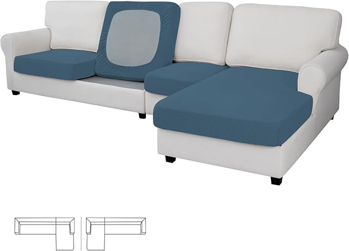 Easy-Going Stretch 4 Pieces Couch Cushion Covers for Sectional Sofa Left/Right L Shape Chaise Lounge Sofa Seat slipcover Anti-Slip Sofa Cover Soft (3 Seater + 1 Chaise, Bluestone)