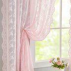 YJ YANJUN Vintage Lace Curtains 63 Inches Length- Cute Sheer Pink Curtains for Girls Bedroom Light Pink Floral Short Window Drapes Princess Girls Room Coquette Decor 2 Panels 52 x63 Inch