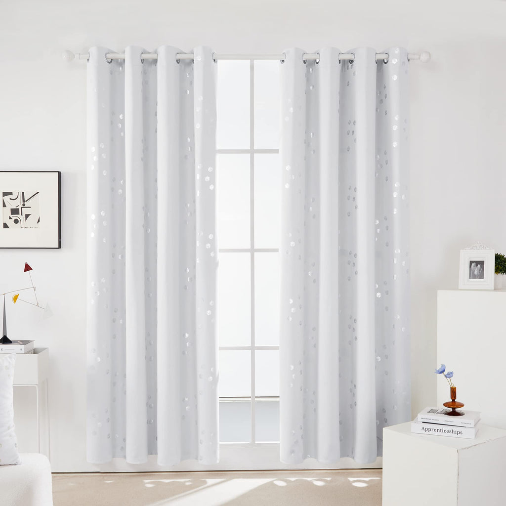 Deconovo Room Darkening Curtains, Greyish White Thermal Grommet Drapes, Silver Cubic Foil Print, Energy Saving Curtains, 52" W x 95" L, 2 Panels, for Bedroom Living Room Patio Door