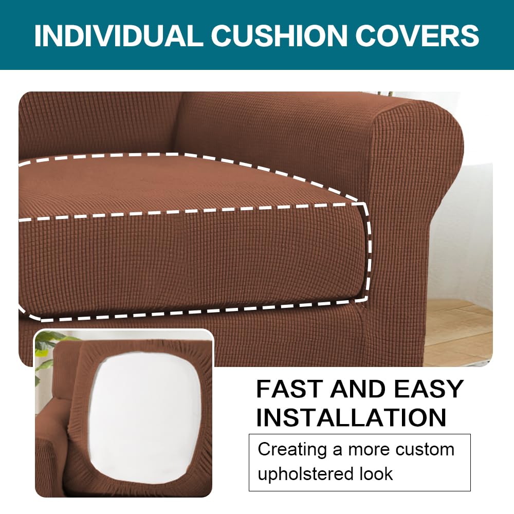 Turquoize 2 Piece Chair Covers Chair Slipcovers for Living Room Armchair Couch Cover Chair Sofa Cover with Individual Cushion Covers Furniture Cover for Chairs Feature Jacquard Fabric (Chair, Caramel)