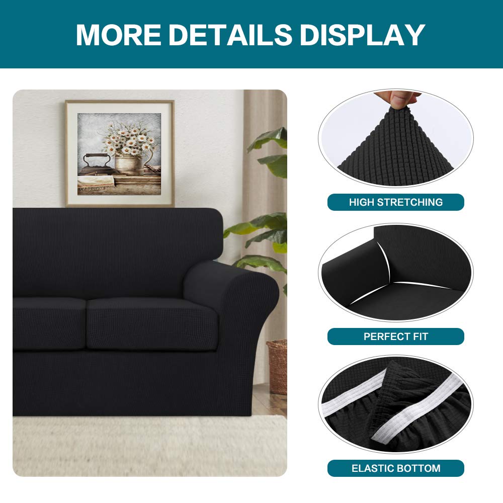 Turquoize 3 Piece Sofa Covers for 2 Cushion Couch Sofa Slipcover Soft Couch Cover for Dogs-Washable Sofa Furniture Covers with 2 Individual Cushion Covers, Feature Jacquard Fabric (Loveseat, Black)