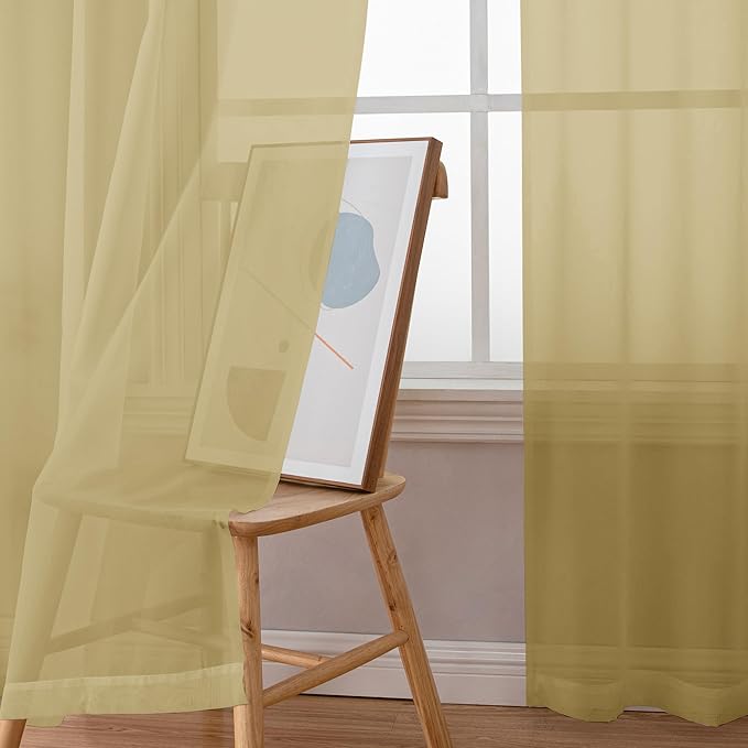Simplebrand Gold Sheer Curtains 96 Inches Long, Light Filtering Rod Pocket Solid Color Window Sheer Curtain Panels, Elegant Curtains & Drapes for Living Room, Bedroom 2 Panels, 59" W x 96" L