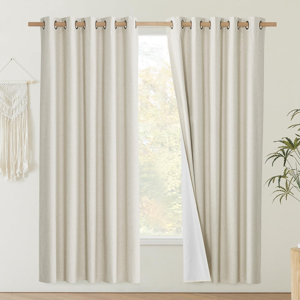 NICETOWN Natural Bedroom Full Blackout Linen Curtain Panels Set of 2, 62" by 72", Thick Insulated Classic Grommet Blackout Draperies with White Thermal Insulated Liner for Windows