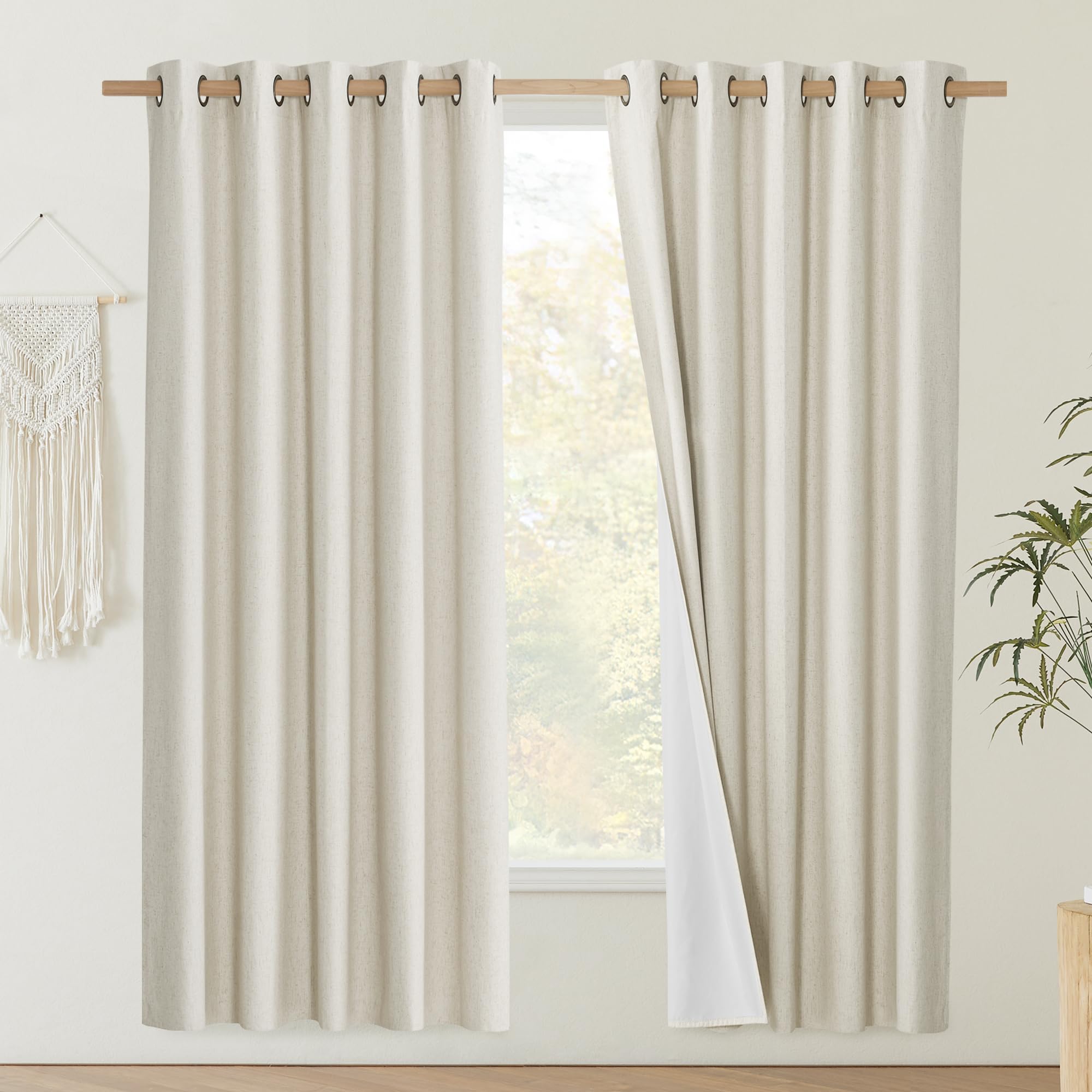 NICETOWN Natural Bedroom Full Blackout Linen Curtain Panels Set of 2, 62" by 72", Thick Insulated Classic Grommet Blackout Draperies with White Thermal Insulated Liner for Windows