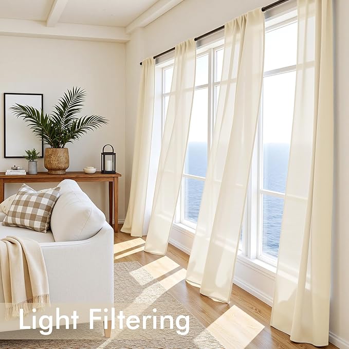 MIULEE Butter Cream Sheer Curtains 108 Inches Long, 4 Panels Set, Rod Pocket Voile Drapes Light Filtering and Semi Transparent, Elegant Window Treatments for Bedroom Living Room,42 x 108 Inches