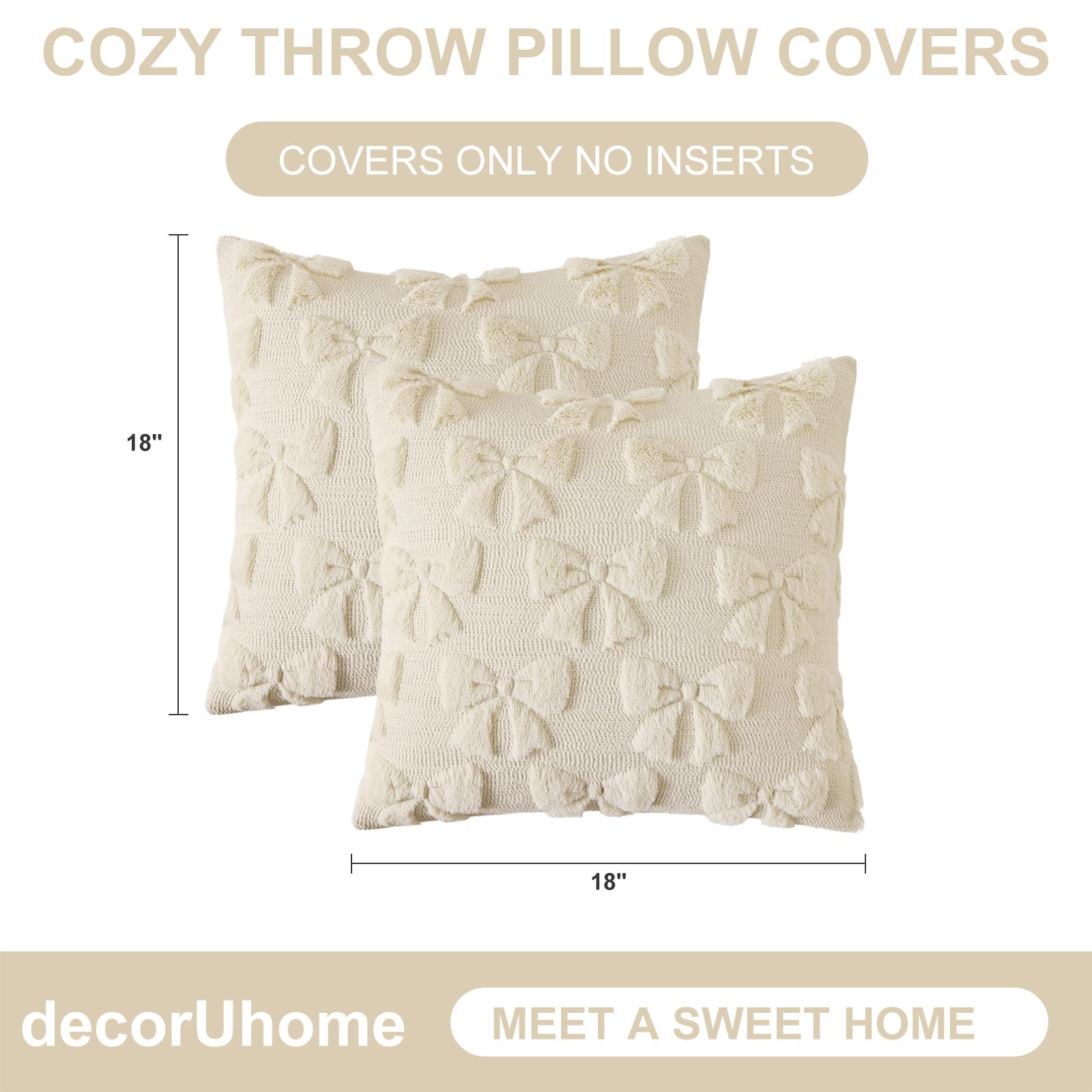 decorUhome Beige Bow Cute Girl Faux Fur Throw Pillow Covers 18x18 Set of 2
