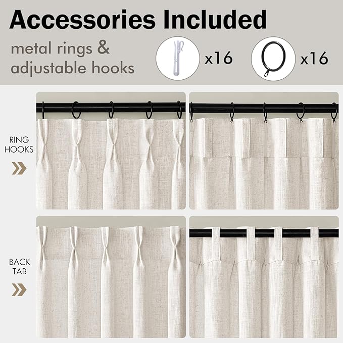 MIULEE Pinch Pleated Thick Linen Curtains 120 Inches Long 2 Panels for Living Room Bedroom, 10Ft Extra Long Thick Textured Linen Drapes Pleat Light Filtering Boho Natural Farmhouse Window Curtains