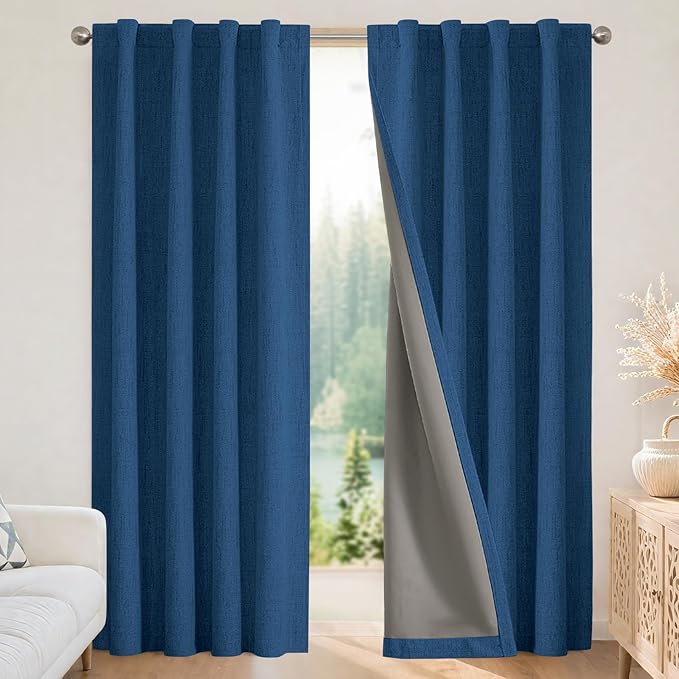 Joydeco Linen Blackout Curtains for Bedroom - 100% Light Blocking 1 Panels, Navy Blue Drapes 100" W x 90" L, Thermal Insulated Room Darkening Curtains for Living Room, Rod Pocket & Back Tabs