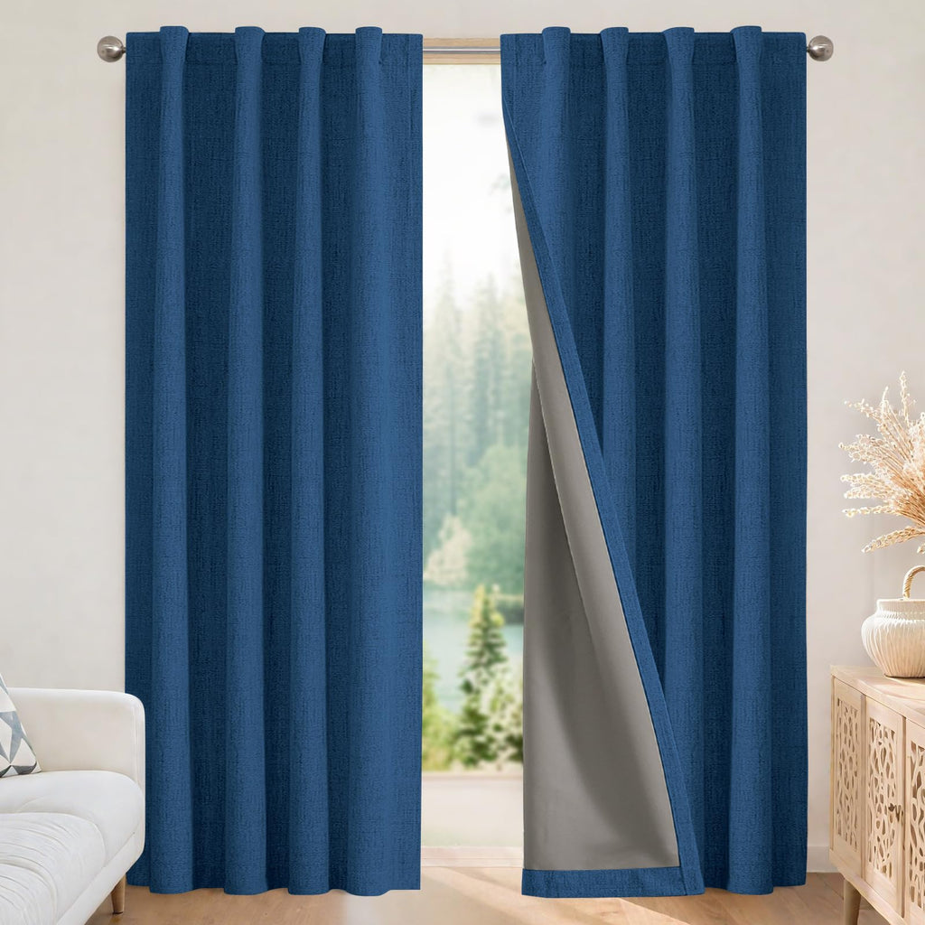 Joydeco Linen Blackout Curtains for Bedroom - 100% Light Blocking 1 Panels, Navy Blue Drapes 70" W x 108" L, Thermal Insulated Room Darkening Curtains for Living Room, Rod Pocket & Back Tabs