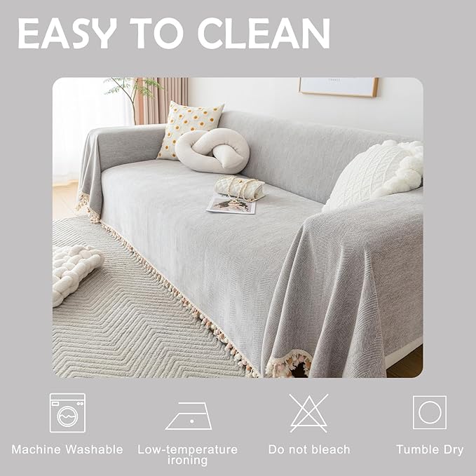 HANDONTIME Grey Sofa Cover for Couch Boho Couch Cover for 3 Seat Couches Dog Couch Cover Love Seat Couch Covers Light Grey Sectional Cover 91" X134" Tassel Chenille Herringbone Sofa Covers