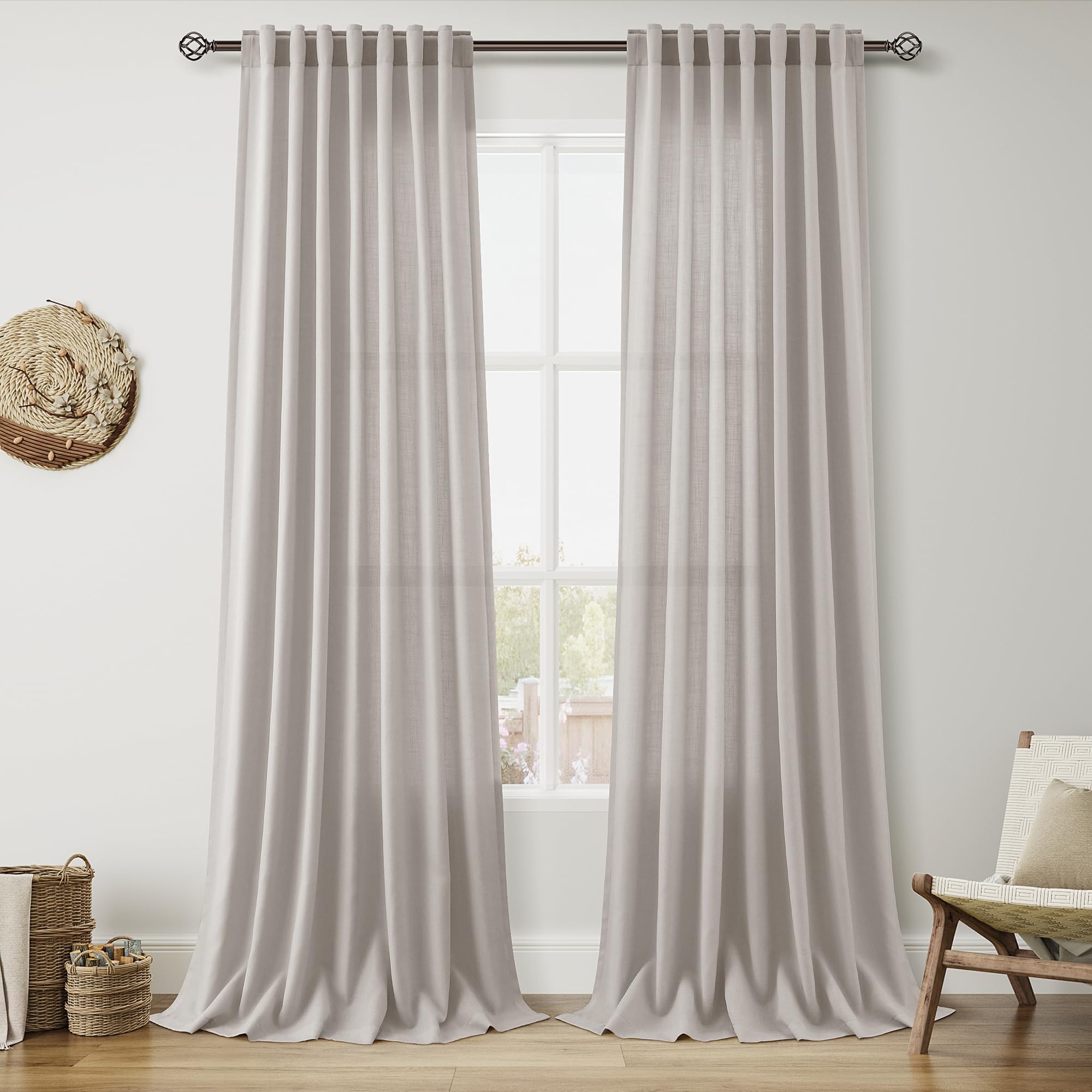 Nanspring Stone Grey Linen Curtains 90 Inches Long for Living Room Simple Modern Light Filtering Semi Sheer Curtain Back Tab and Rod Pocket Neutral Luxury Drapes for Bedroom Office 52x90, 2 Panels