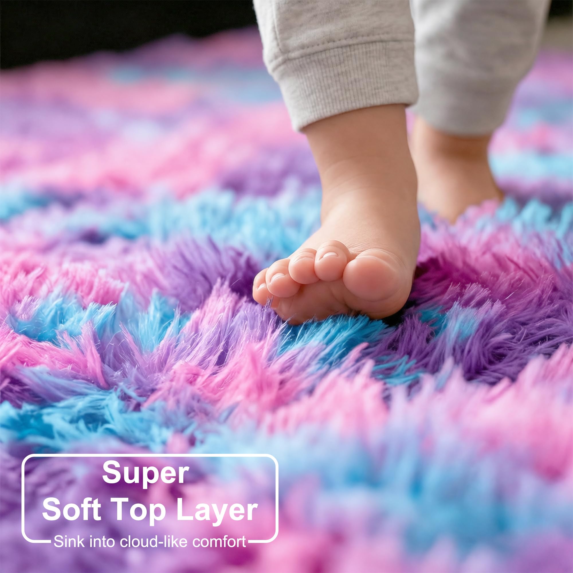 Amdrebio Pink Blue Purple Fluffy Large Round Rug 6Ft for Girls Kids Bedroom