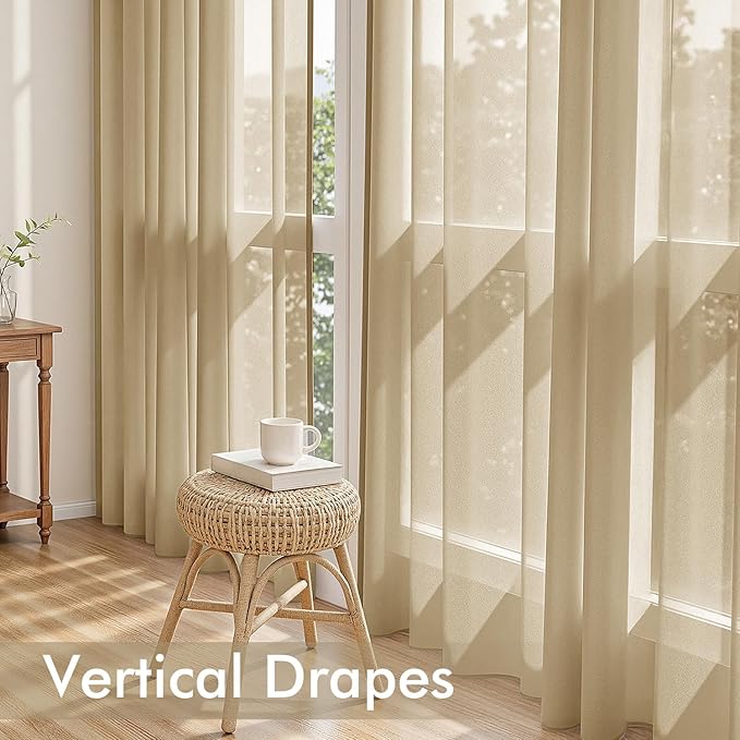 MIULEE Beige Sheer Curtains 96 Inches Long, 4 Panels Set, Rod Pocket Voile Drapes Light Filtering and Semi Transparent, Elegant Window Treatments for Bedroom Living Room,42 x 96 Inches
