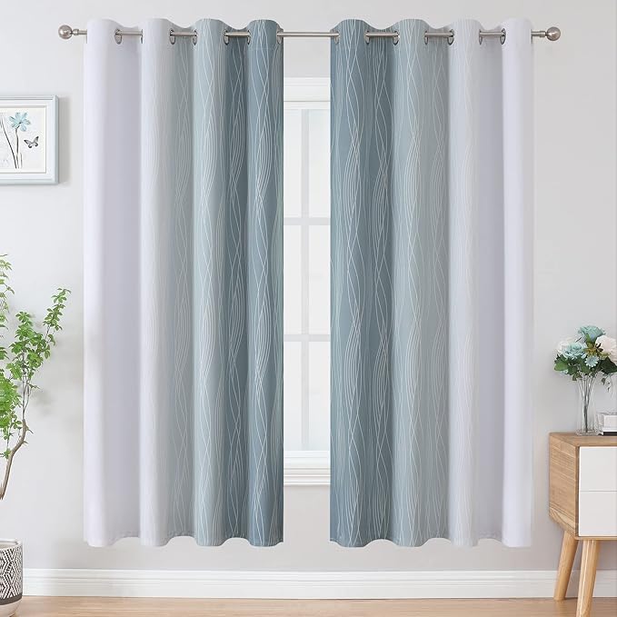 Stone Blue and Greyish White Blackout Curtains for Living Room 72 Inch Long