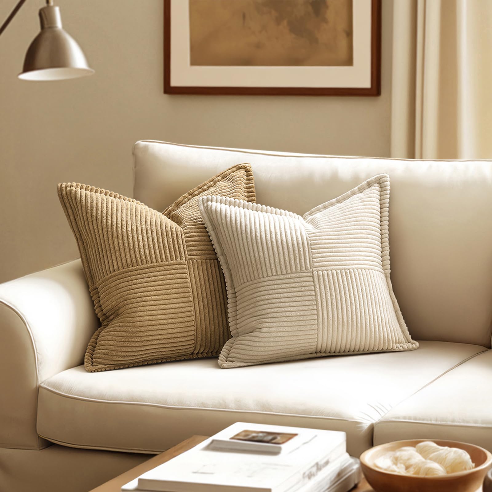 MIULEE Decorative Lumbar Throw Pillow Covers 14x24 Inch Beige 2 Pack