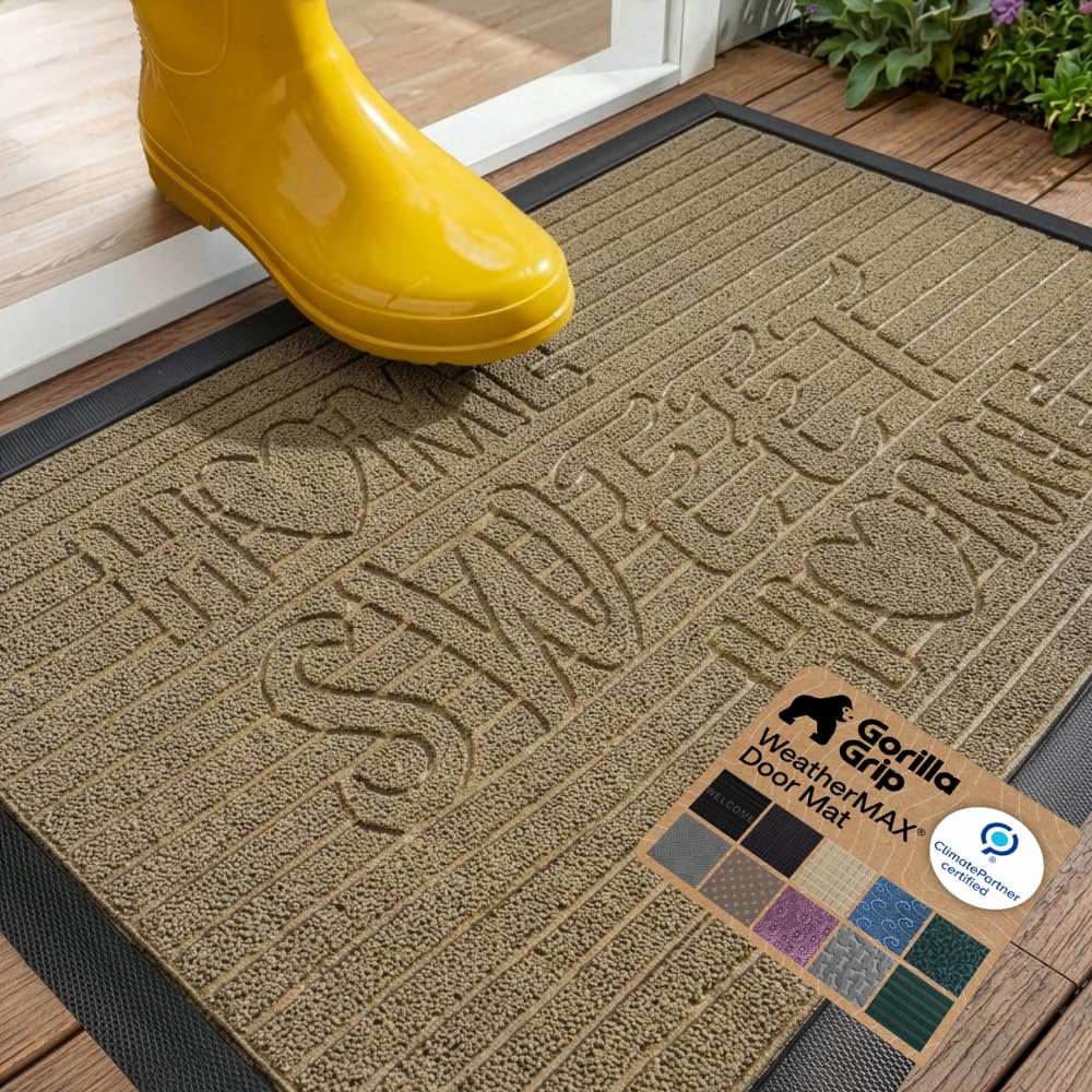 GORILLA GRIP 100% Waterproof All-Season WeatherMAX Doormat, US Designed Natural Rubber, Stain and Fade Resistant, Low Profile Indoor Outdoor Door Mats, Easy Clean Patio Mat, 29x17, Home Sweet Home