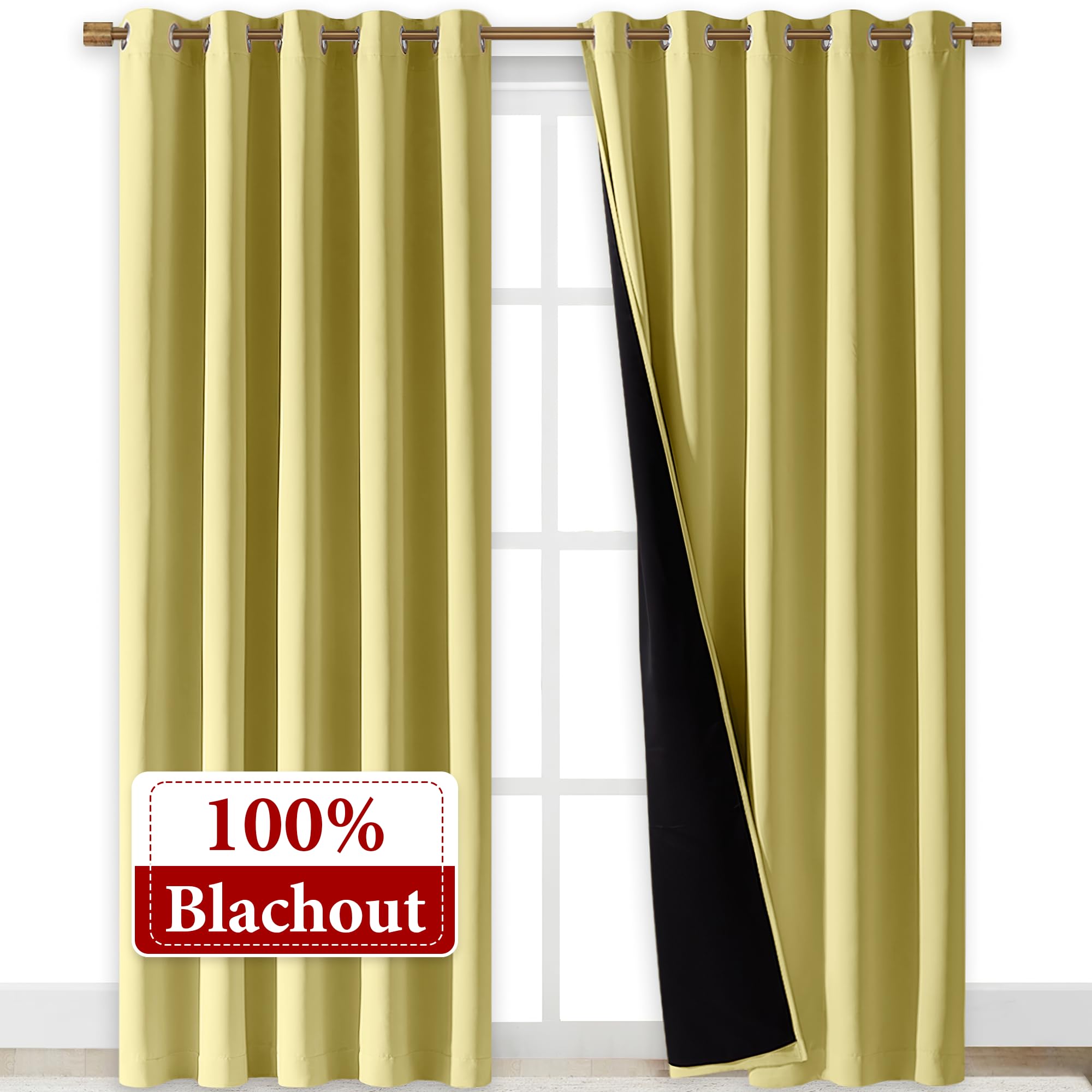 NICETOWN Paler Yellow Full Shade Curtain Panels, Pair of Energy Smart & Noise Blocking Out Blackout Drapes for Dining Room Window, Thermal Insulated Guest Room Lined Window Dressing, 70 x 84 inch