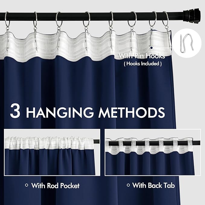MIULEE Navy Blue Back Tab Blackout Curtains 52x96 Inch Long 2 Panels Set