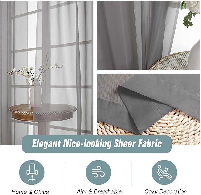 Grey Sheer Curtains 84 Inches Long 2 Panels, Elegant Airy Transparent Light Filtering Window Curtains, Window Drapes for Living Room Bedroom, Dual Rod Pocket, Charcoal Grey, 2x42Wx84L Inches